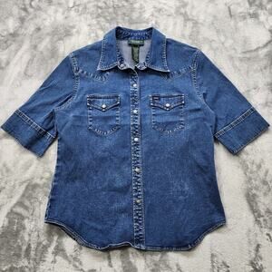 Vintage Ralph Lauren Jeans Co Top Womens 8 Blue Denim Snap Short Sleeve Western